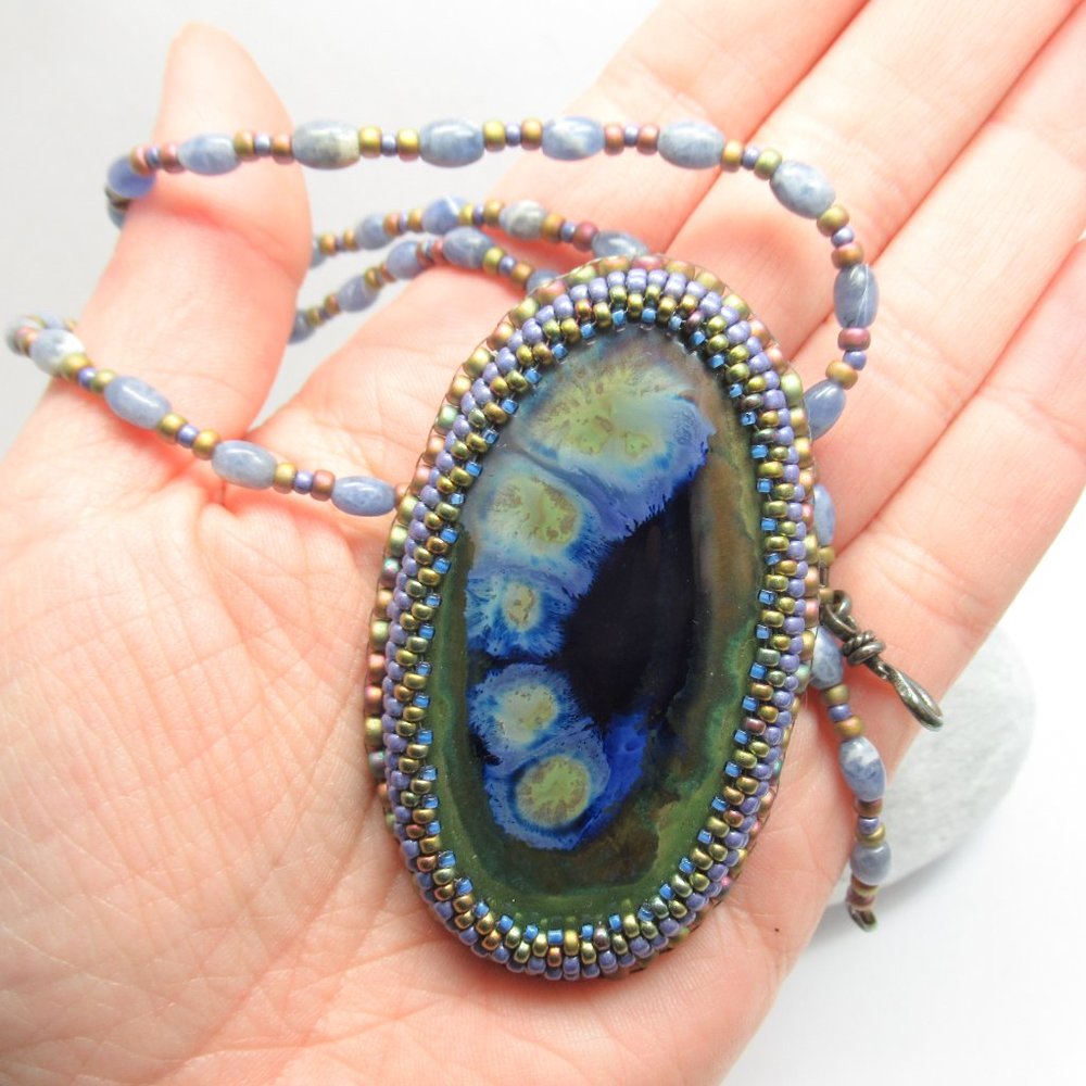Artisan Cabochon bead Embroidered necklace
